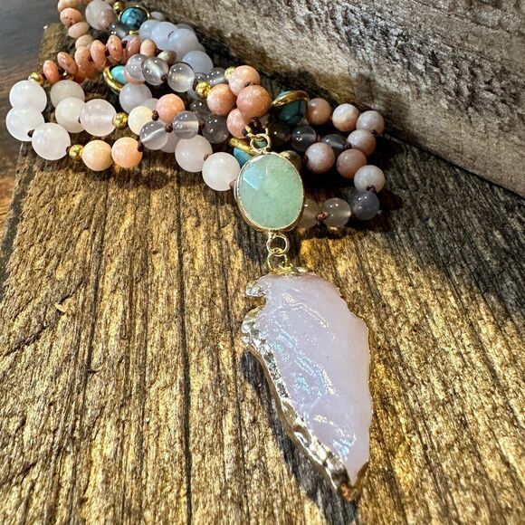 Handmade Boho Natural Stone Bead Necklace, Arrow Pendant Necklace, Gift Box - Picture 2 of 7